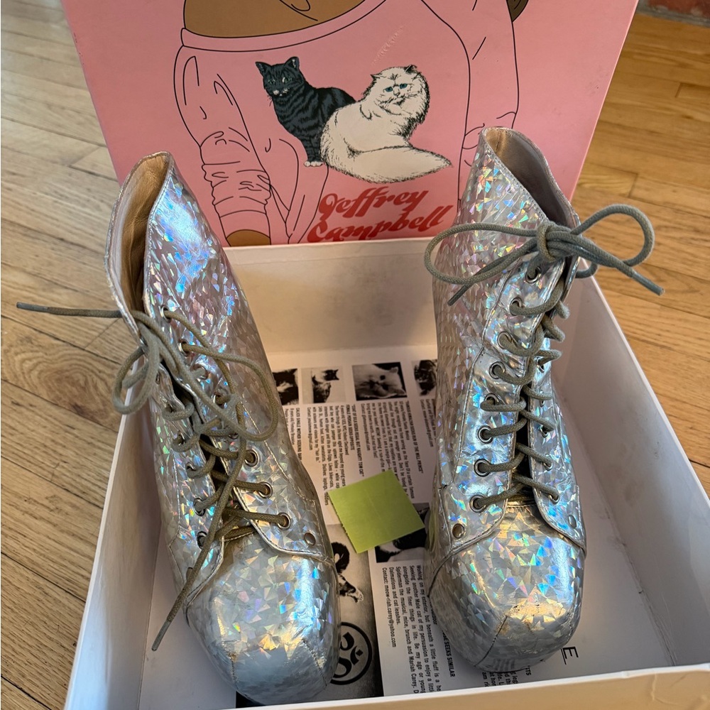 Jeffrey Campbell Silver Holographic Lace Up Boots